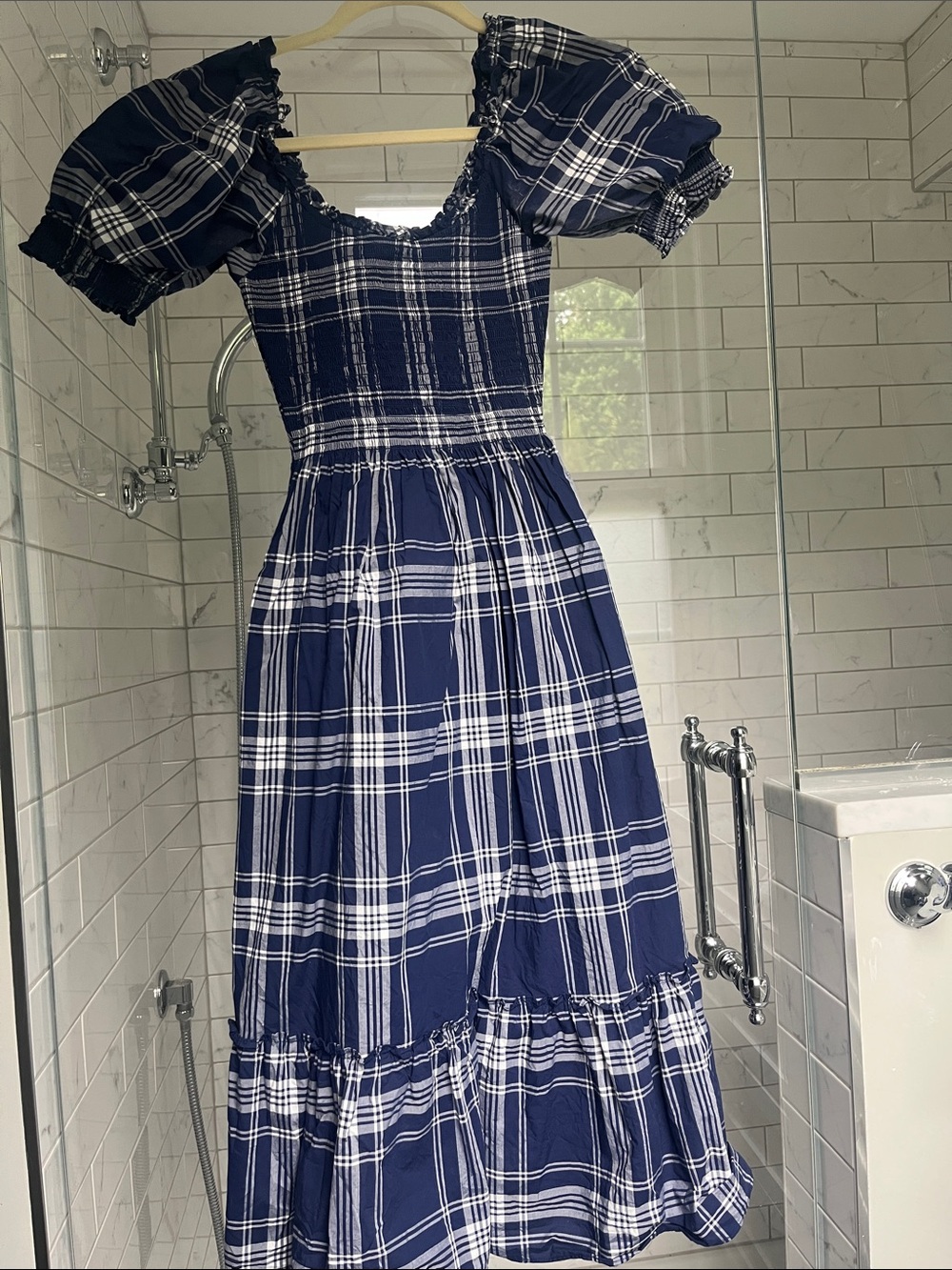Hill House Louisa Navy and White Plaid Puff-Sleeve Dress XXS